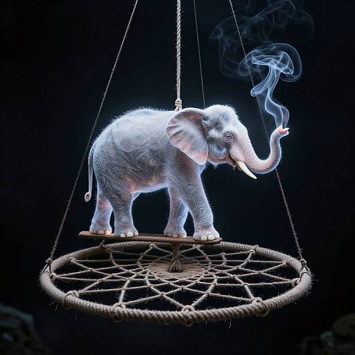 Photorealistic CGI of a glowing, patterned white elephant smoking a blue smoke ring, hanging on a dreamcatcher against a black background.