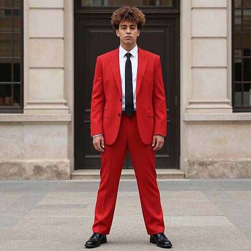 Photograph of a young man with curly brown hair, wearing a bright red suit, white shirt, and black tie, standing confidently in front of a