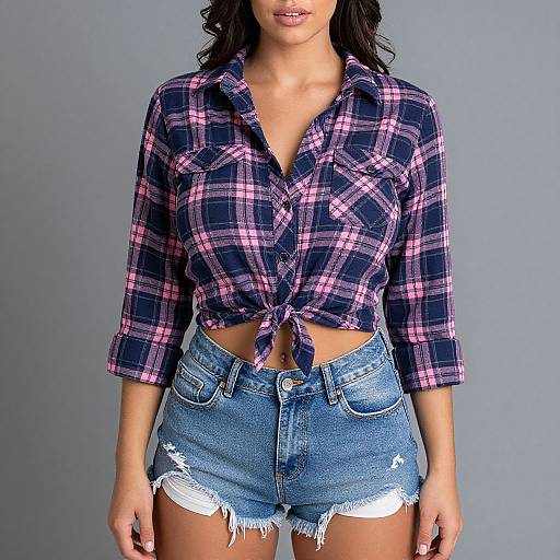 Photograph of a woman with long dark hair, wearing a tied, purple and navy plaid shirt and distressed blue denim shorts, against a plain gray