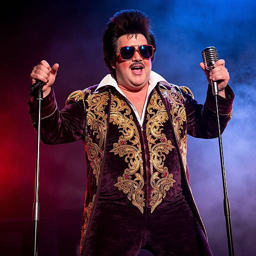 Photograph of a middle-aged man with dark hair and sunglasses, wearing an ornate black velvet jacket, singing into two microphones, under colorful stage