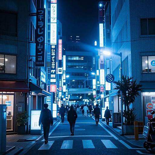 Nighttime photograph of a brightly lit, neon-laden Japanese urban street with pedestrians, illuminated signs, and a blue glow dominating the scene.