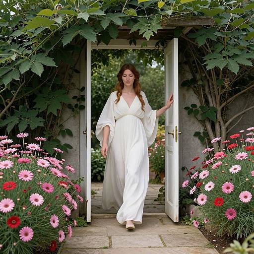 Photograph of a smiling red-haired woman in a white, flowy robe walking through an open garden door, surrounded by pink and red daisies