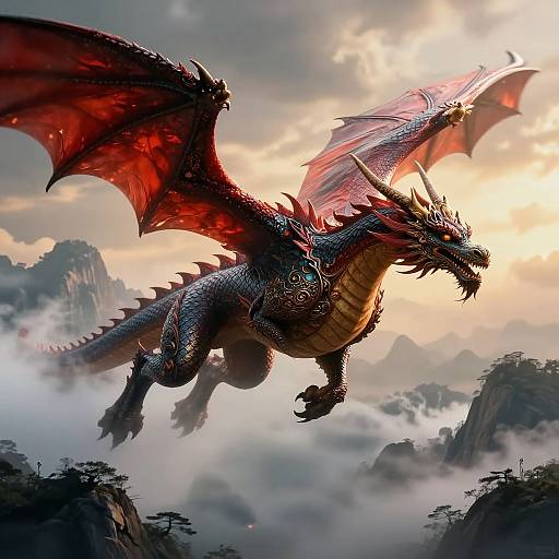 Digital artwork of a majestic red and black dragon soaring through misty, mountainous terrain at sunset, wings spread wide, showcasing intricate scales and sharp claws