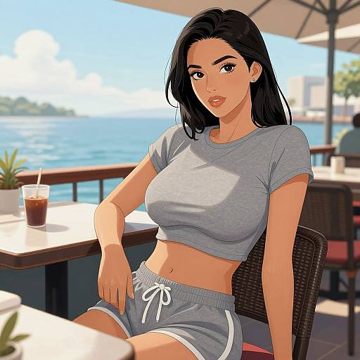 Digital anime-style illustration of a beautiful woman with long black hair, wearing a gray crop top and shorts, sitting by a seaside café.