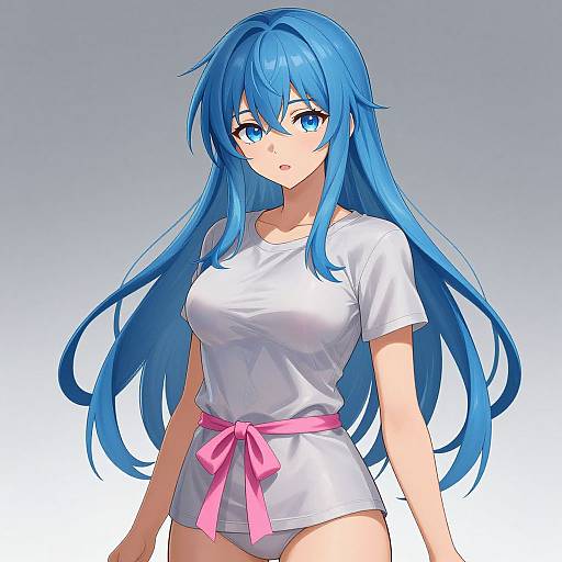 Digital anime-style drawing of a blue-haired girl with large blue eyes, wearing a white t-shirt with a pink bow, standing against a gradient gray background