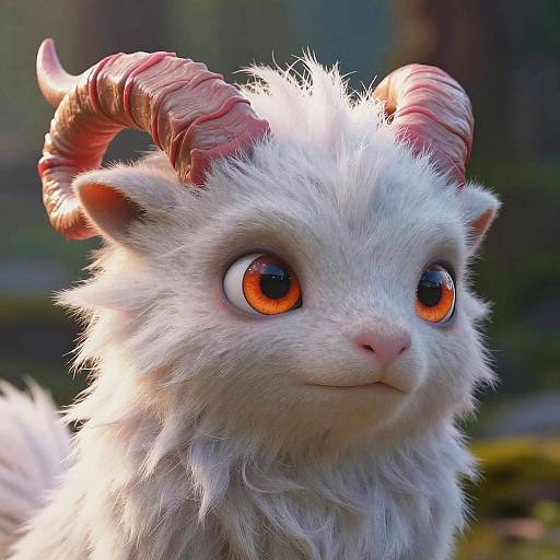Photorealistic CGI of a cute, white-furred, goat-like creature with large, orange eyes, and spiraled, pinkish-brown horns