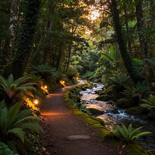 Photograph of a serene forest path illuminated by warm lanterns, bordered by lush ferns, and a gentle stream with sunlight filtering through tall trees.