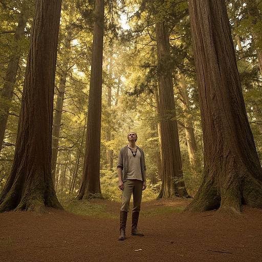 Photograph of a man standing in a sunlit redwood forest, wearing a gray shirt, khaki pants, and brown boots, surrounded by towering