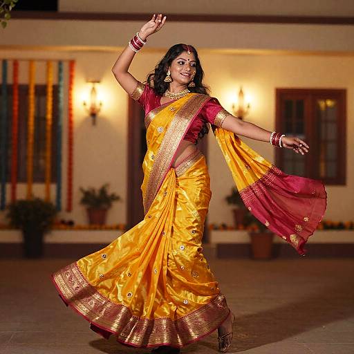 Joyful Indian Girl Dancing in Saree