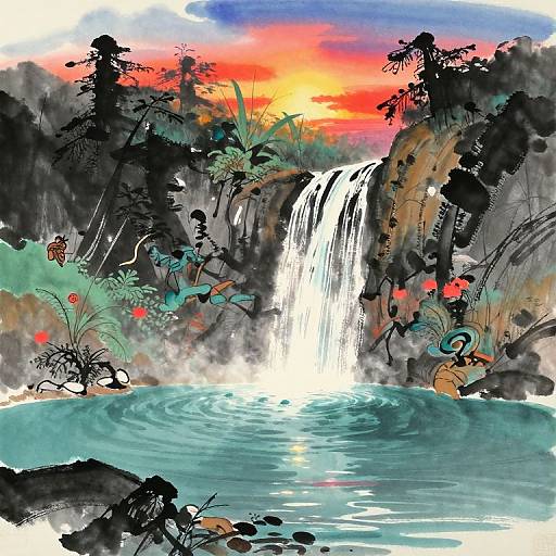 Vibrant digital painting of a waterfall at sunset, featuring colorful birds, plants, and rocks, with a reflective turquoise pool below.
