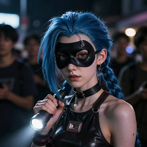 Digital art of a blue-haired woman in a black mask, leather outfit, and choker, holding a flashlight in a dimly lit crowd. Dark