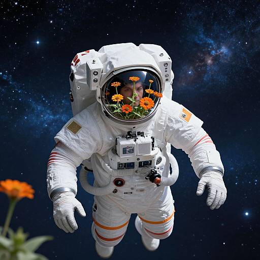 Photorealistic CGI of an astronaut floating in space, wearing a white spacesuit with orange stripes, helmet reflecting orange flowers, against a starry Milky