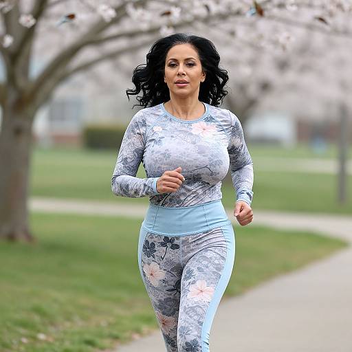 Photograph of a curvy, middle-aged woman with dark curly hair, wearing a white floral sports outfit, running in a park with cherry blossom trees