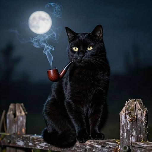 Photograph of a black cat with glowing yellow eyes, smoking a red pipe, under a full moon, sitting on a wooden fence.