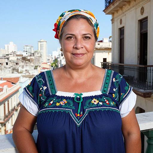 Photograph of a middle-aged woman with olive skin, wearing a colorful headscarf, black embroidered blouse, and white sleeves, standing on a balcony