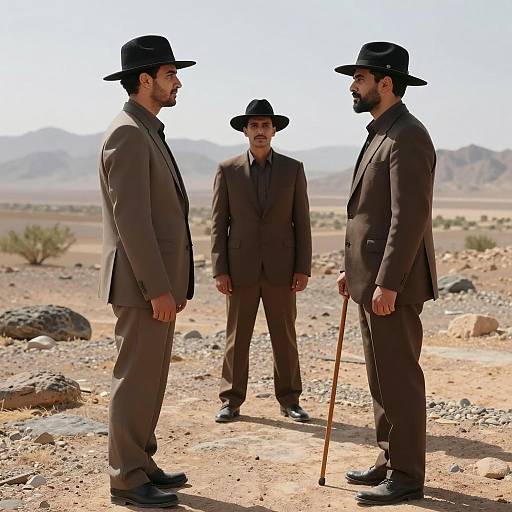 Desert Encounter: Three Men in Brown Suits