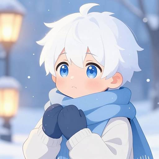 Anime-style digital drawing of a cute, white-haired boy with large blue eyes, wearing a blue scarf, white coat, and black mittens, in