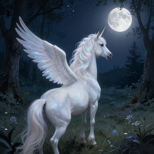 Digital artwork of a radiant white winged unicorn with a glowing horn, standing in a moonlit forest, surrounded by flowers.