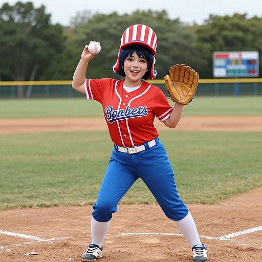Photograph of a young Asian boy in a red and blue baseball uniform, white stripes helmet, catching mitt, and throwing ball on a sunny field.