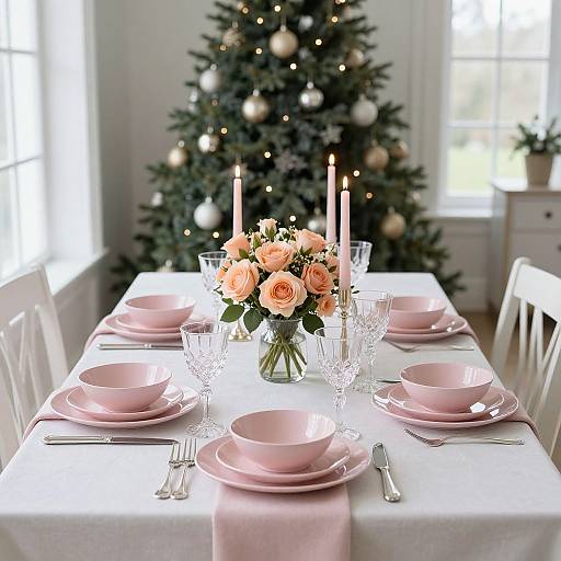 Photograph of a elegantly set dining table with pink plates, candles, rose bouquet, crystal glasses, and a decorated Christmas tree in the background.