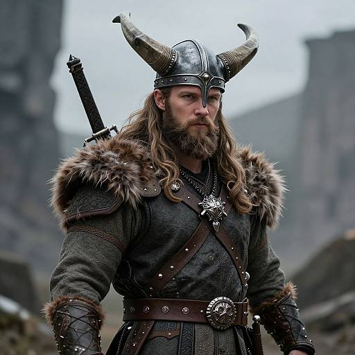 Photograph of a Viking warrior with long brown hair, beard, horned helmet, fur-trimmed armor, and silver pendant, standing in a