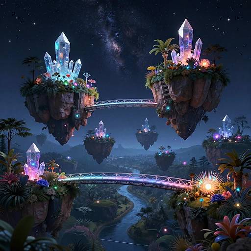 Digital fantasy artwork of glowing crystal islands suspended in a starry night sky, connected by neon-lit, floating bridges amidst lush, vibrant foliage.