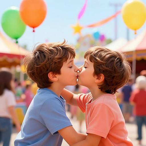 Photograph of two young boys with brown hair, kissing in a bright, colorful outdoor setting with blurred balloons and people in the background. One wears a