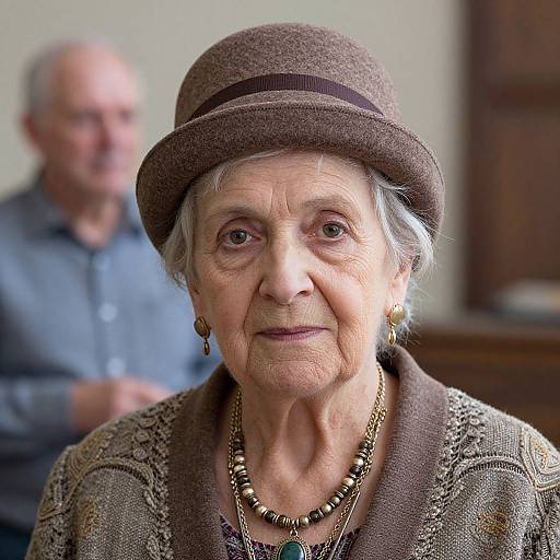 Photograph of an elderly white woman with gray hair, wearing a brown hat, patterned cardigan, gold necklace, and earrings, with a blurred