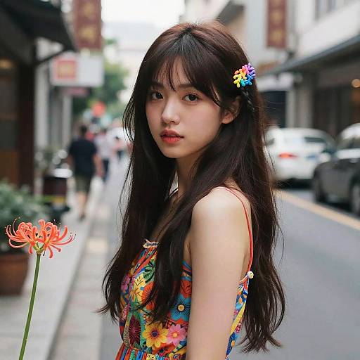 Young Woman in Floral Dress with Lycoris Radiata Flower
