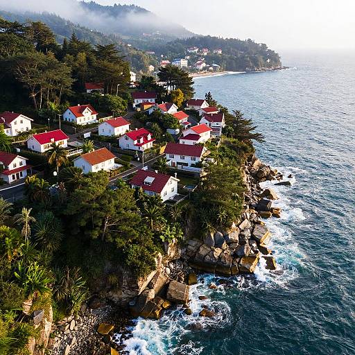 Aerial photograph of a coastal village with red-roofed white houses, surrounded by lush greenery, overlooking a rocky shoreline and blue ocean, with