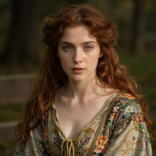 Photograph of a young woman with long, wavy auburn hair, fair skin, and freckles, wearing an ornate, floral