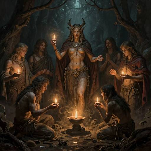 Digital artwork of a topless, horned goddess with a dark cloak, central, surrounded by six lit-candle-wielding, muscular, dark-haired