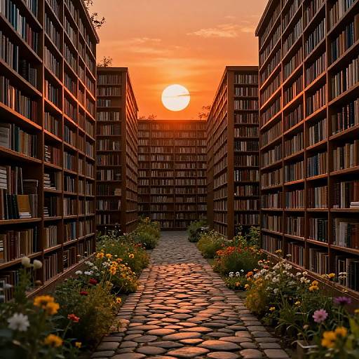 Photograph of a library courtyard at sunset, featuring tall book-filled shelves on both sides, a cobblestone path lined with colorful flowers, and a