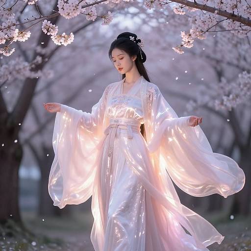 Photograph of a serene Asian woman in a glowing white hanbok, standing in a cherry blossom-filled forest, illuminated by ethereal light.