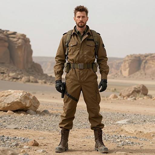 Male Adventurer in Desert Military Jumpsuit