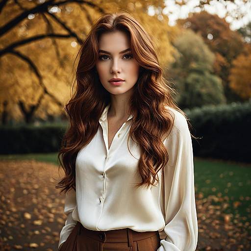 Portrait of Woman with Auburn Hair in Autumn Park
