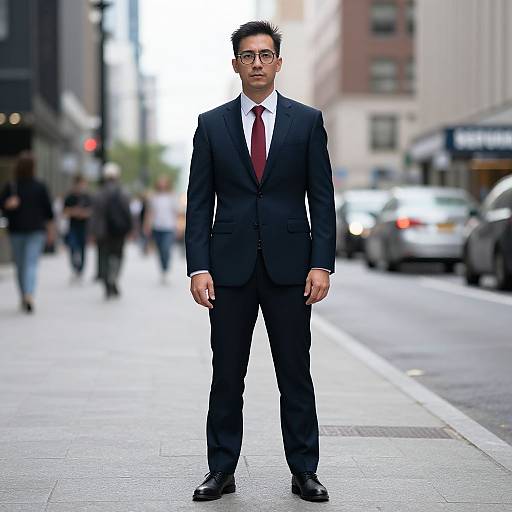 Photograph of a serious-looking Asian man in a black suit, white shirt, red tie, and glasses standing on an urban street. Blurred background