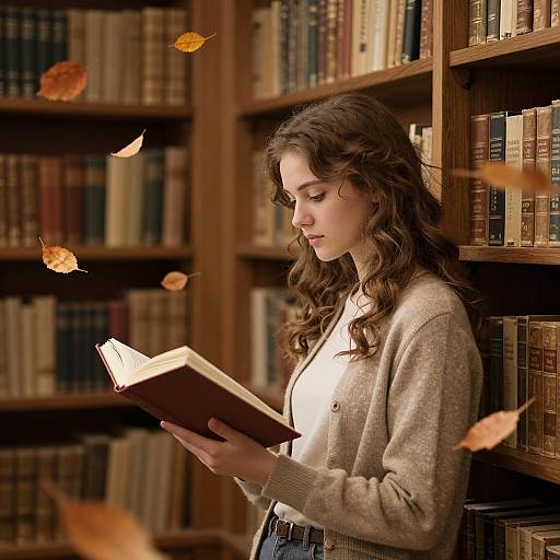 Photograph of a young woman with wavy brown hair, wearing a beige cardigan, reading a book in a wooden library with floating autumn leaves.