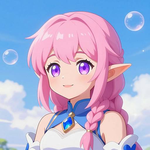 Digital anime-style portrait of a pink-haired, purple-eyed elf girl with braided hair, blue and white outfit, smiling against a bright blue sky with