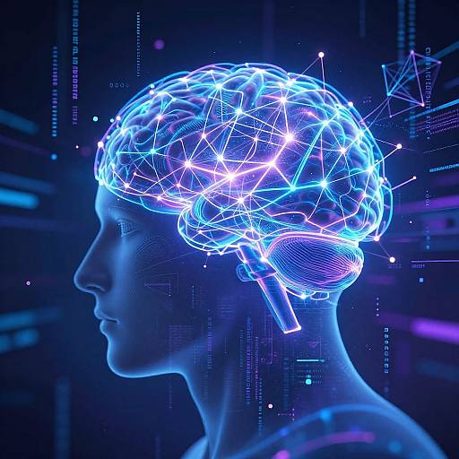 Digital art of a neon blue, wireframe human head with glowing neural connections against a dark, tech-filled background.