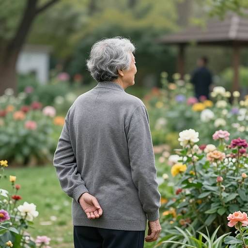 Photograph of elderly woman with gray hair, wearing gray sweater, standing in colorful garden, back to camera, blurred background.