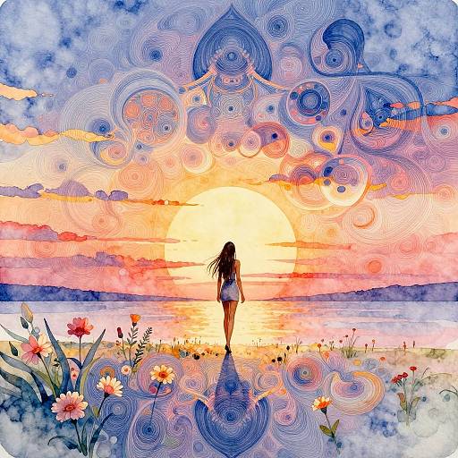 Digital art: Silhouetted girl with long hair stands on beach at sunset, surrounded by swirling patterns, colorful sky, and blooming flowers.