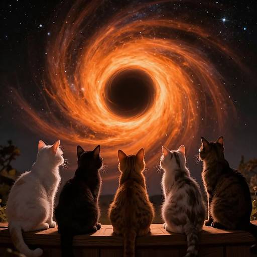 Photograph of five cats, silhouetted against a cosmic black hole with bright orange and yellow swirling auroras in a starry night sky.