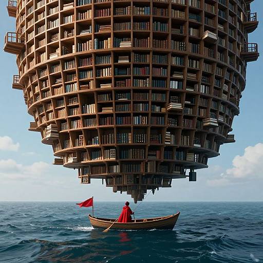 Photorealistic digital art of a lone person in a small wooden boat with a red flag beneath a massive, cylindrical skyscraper floating over the ocean.