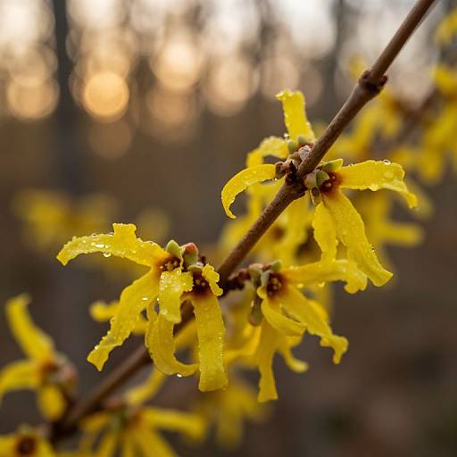Close-up photograph of yellow, water-dropped flowers on a thin branch, with a blurred, sunlit forest background. Bright, vivid petals contrast with