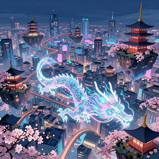 Digital artwork of a neon-lit cityscape at night with a glowing blue dragon flying over cherry blossom trees and traditional Japanese temples. Modern skyscrapers