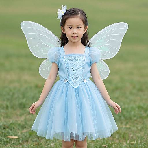 Photograph of an Asian girl with black hair, wearing a light blue fairy dress and transparent fairy wings, standing on a grassy field.