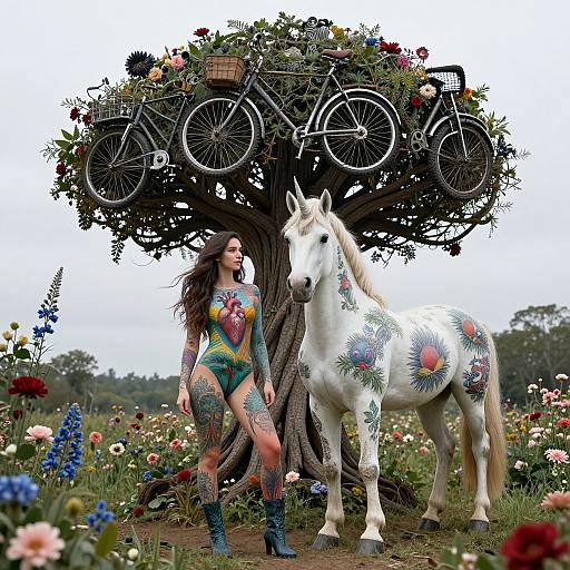 Photograph of a woman in colorful tattooed bodysuit and blue boots, standing with a white horse adorned in floral tattoos, beneath a tree with