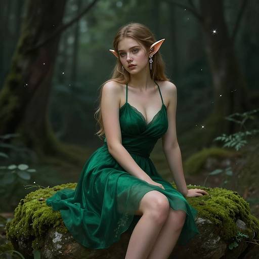 Photograph-style digital artwork of a fair-skinned, elven woman with pointed ears, long brown hair, wearing a green, sleeveless dress,