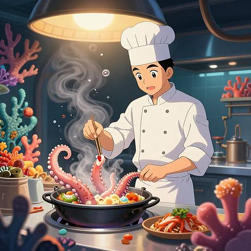 Anime-style digital illustration of a male chef in a white uniform, cooking steaming seafood with tentacles under a black lamp in a colorful, coral-filled